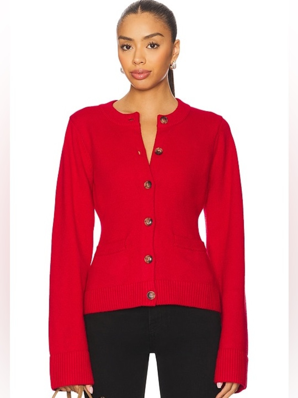 Good American Red Women's Button-Front Knit Cardigan Sweater